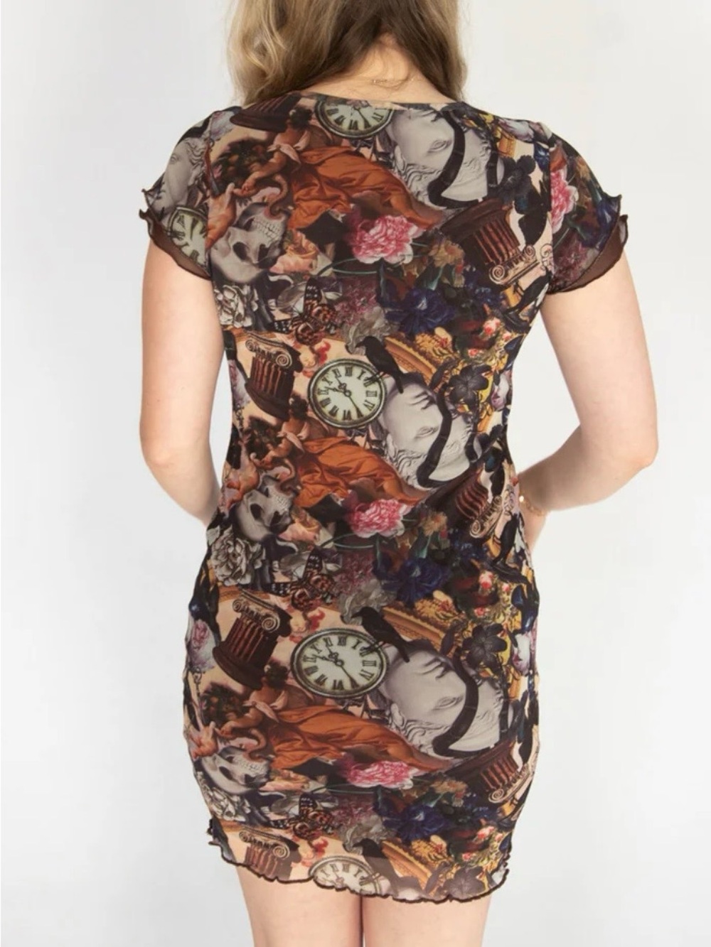 Almost Famous Y2K Mesh Bodycon Dress Renaissance Print Size M